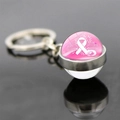 Detailed view of pink ribbon breast cancer awareness glass pendant on keychain with silver ring - White Ribbon Rose (JY007298-9)