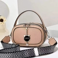 Elegant beige plaid crossbody bag with cat charm and stylish wide herringbone strap - Khaki