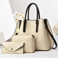 Ensemble de trois sacs à main beiges en similicuir avec cabas, pochette et portefeuille - Blanc Cassé
