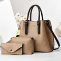 Three-piece beige textured leather tote bag set including handbag and shoulder bag - Khaki