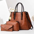 Vintage caramel brown oil wax leather 3-piece tote bag set with textured shoulder straps - Earthy Yellow