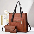 Three-piece brown crocodile pattern tote bag set with matching pouch and card holder - Earthy Yellow