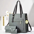 Grey crocodile embossed 3-piece tote bag set with wallet and pouch on elegant background - Gray
