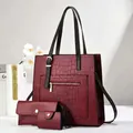 Three-piece dark red stone pattern tote bag set with black straps and metal zippers - Wine Red