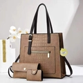 Detailed view of 3-piece brown crocodile pattern tote bag set with matching card holder - Light Khaki