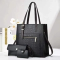 Three-piece black crocodile pattern tote bag set including a clutch and coin purse - Black