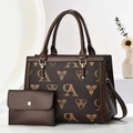 Coffee brown printed tote bag with matching envelope wallet and floral monogram pattern - Coffee