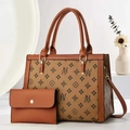 Ensemble de sacs cabas deux pièces marron classique avec imprimé vintage et pochette - Jaune Terre