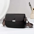 Stylish black pebbled leather crossbody bag with colorful patterned wide strap for women - Black