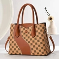 Checkboard pattern tote bag with brown leather patchwork and adjustable gold strap - Earthy Yellow
