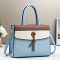 Three-tone color block shoulder bag in lychee leather with top handle and gold hardware - 28x11x22cm / Blue