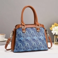 Borsa tote con motivo blu e bianco con manici in pelle marrone e tracolla regolabile - Giallo Terra Patchwork Blu