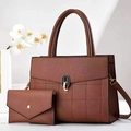 Brown lychee leather tote bag and envelope clutch set with quilted plaid pattern - 2-Piece Set (Handbag + Wallet) / Earthy Yellow