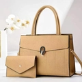 Beige litchi textured tote bag and coin purse set with elegant U-shaped metal lock - 2-Piece Set (Handbag + Wallet) / Beige