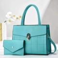 Teal green pebbled leather tote bag and wallet set with stylish gold arch buckle - 2-Piece Set (Handbag + Wallet) / Lake Blue
