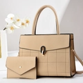Detail of beige lychee texture leather tote and matching envelope wallet set - 2-Piece Set (Handbag + Wallet) / Khaki