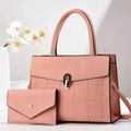 Detail of pink plaid stitched tote bag with matching envelope clutch and arch lock - 2-Piece Set (Handbag + Wallet) / Pink