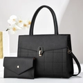 Chic black plaid quilted leather tote set with large capacity and detachable strap - 2-Piece Set (Handbag + Wallet) / Black