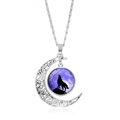 Collana luna vintage argento con ciondolo lupo che ulula su sfondo di cielo stellato viola - Lupo Stellato Viola (JY007340-2)