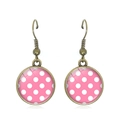 Vintage pink polka dot glass dome earrings with bronze hooks for a retro chic look - White Polka Dots on Pink Style (JY007369-3)