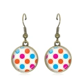 Vintage bronze drop earrings with colorful polka dot glass inlay on white background - Multicolor Polka Dots on Beige Style (JY007369-1)