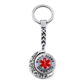 Close-up of rotating silver medical alert keychain with red star of life for diabetics - Medic Alert Diabetic (JY007306-4)