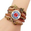 Close-up of braided leather medical alert bracelet with butterfly and diabetes charm - I Have Diabetes (JY007307-5)
