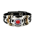 Macro detail of multi-layer leather bracelet with Medic Alert Diabetic badge and star of life - Medic Alert Diabetic (JY007308-4)