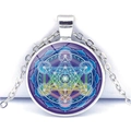 Metatron's Cube mandala necklace with purple lotus pendant on silver chain - Silver