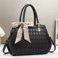 Elegant black quilted PU leather handbag with decorative scarf and gold hardware accents - Black