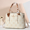 Beige printed multi-layer handbag with floral scarf handle and gold hardware - Off White