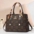 Classic dark brown printed tote bag with floral scarf handle and gold Dalziya logo - Coffee