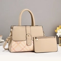Chic beige color-block tote bag set with classic plaid pattern and matching pouch - Khaki/Light Pink