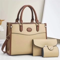 Chic 3-piece tote bag set in beige and brown faux leather with elegant pebble texture - 28x13x22cm / Apricot