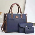Detailed set of deep blue tote bag with brown straps, matching wallet and card holder - 28x13x22cm / Blue