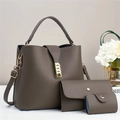 Three-piece dark grey textured leather handbag set with matching wallet and card holder - Dark Gray