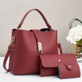 Three-piece burgundy leather bag set featuring tote, wallet and pouch with litchi texture - Red