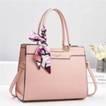 Pink lychee grain leather bucket bag with top handle and floral scarf decoration - L29cm W12cm H24cm / Pink