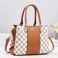 Close-up of contrast patchwork tote bag with brown leather, checkered pattern and gold hardware - Check White & Earthy Yellow