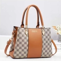 Contrast color patchwork tote bag for women with large capacity and shoulder strap - Check Khaki & Earthy Yellow