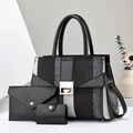 Three-piece tote bag set with striped fabric and gold hardware on grey background - Black