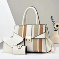 Three-piece tote bag set with color-block stripes and gold buckle on textured PU leather - Three-Piece Set / Off White