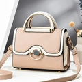 Elegant apricot and cream contrast handbag with circular metal buckle and leather strap - L22xW10xH17 / Khaki