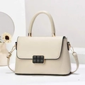 Elegant cream white PU leather handbag with black grid buckle and detachable shoulder strap - L24cm x W8cm x H16cm / White