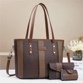 Three-piece brown striped canvas bucket bag set with tote, wallet, and round pouch - Coffee