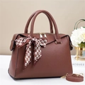 Deep brown lychee texture leather Boston bag with decorative scarf and gold hardware - Brown