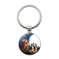 Détail d'un porte-clés en alliage argenté avec cabochon en verre illustrant le Père Noël - Style Père Noël Renne Traîneau (JY007351-7)