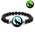 Luminous howling wolf bracelet with black beads and silver accents glowing in the dark - Lone Wolf Night Moon Style (JY007334-9)
