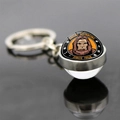 Macro detail of Bigfoot glass ball keychain with clear double-sided dome and silver ring - Social Distancing Bigfoot (JY007426-7)