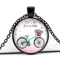 Detail shot of a vintage bicycle pendant necklace with floral basket and blue butterfly - Green Bike Butterflies Artistic Text Style (JY007494-17)